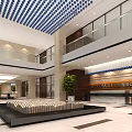 Modern Office Lobby Reception Desk With Stylish Countertop And Decorative Chandelier