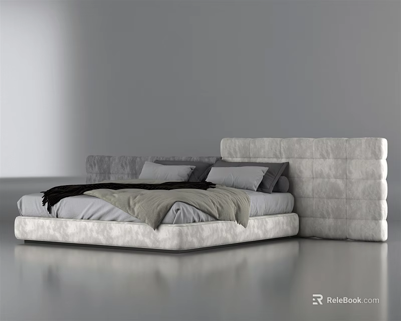 Modern Double Bed With Modular Headboard And Gray Bedding In Minimalist Setting 3d model