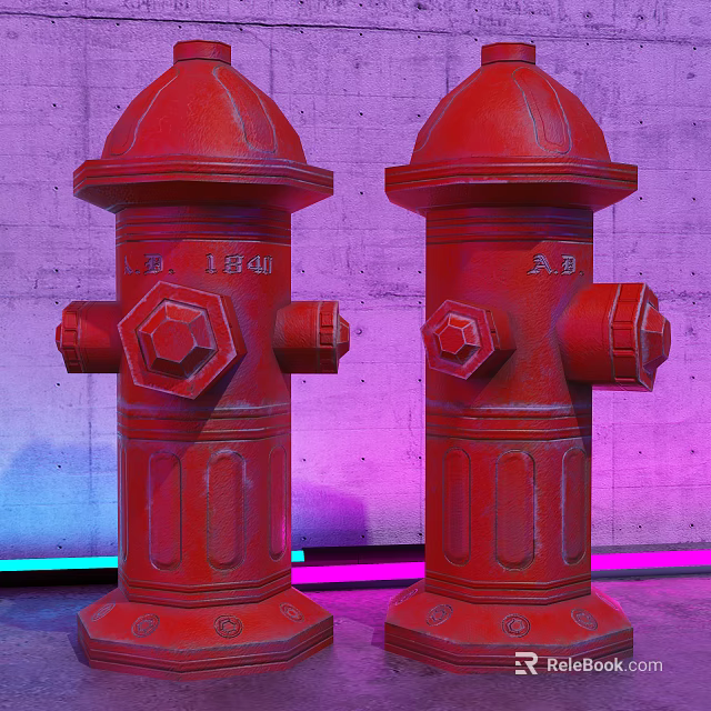 Two Red Fire Hydrants Against Concrete Wall With Purple And Blue Lighting 3d model 