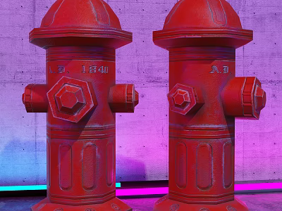 Two Red Fire Hydrants Against Concrete Wall With Purple And Blue Lighting 3d model