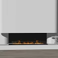 Modern White Fireplace with Burning Flames and Decorative Statue Books on Wooden Floor