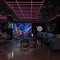 Modern Bar Interior With Neon Decor City Skyline View And Blue Lighting