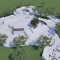 Modern Skate Park Design With Trees Steps Ramps And Letter Patterns On Ground