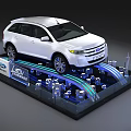 Exhibition Display Shelf Featuring White SUV Blue Lighting And Transparent Design