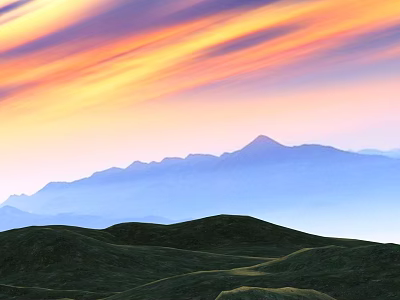 Scenic Mountain Landscape With Vibrant Sunset Sky And Rolling Green Hills 3d model