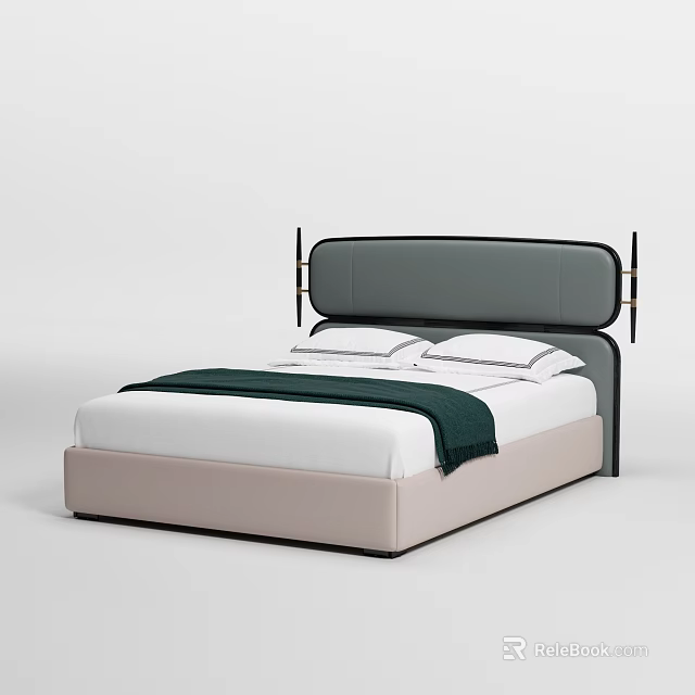 Double Bed With Gray Upholstered Headboard Light Pink Frame White Sheets And Dark Green Blanket 3d model 