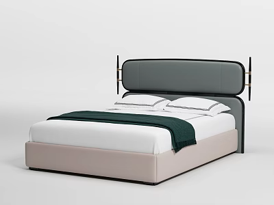 Double Bed With Gray Upholstered Headboard Light Pink Frame White Sheets And Dark Green Blanket 3d model