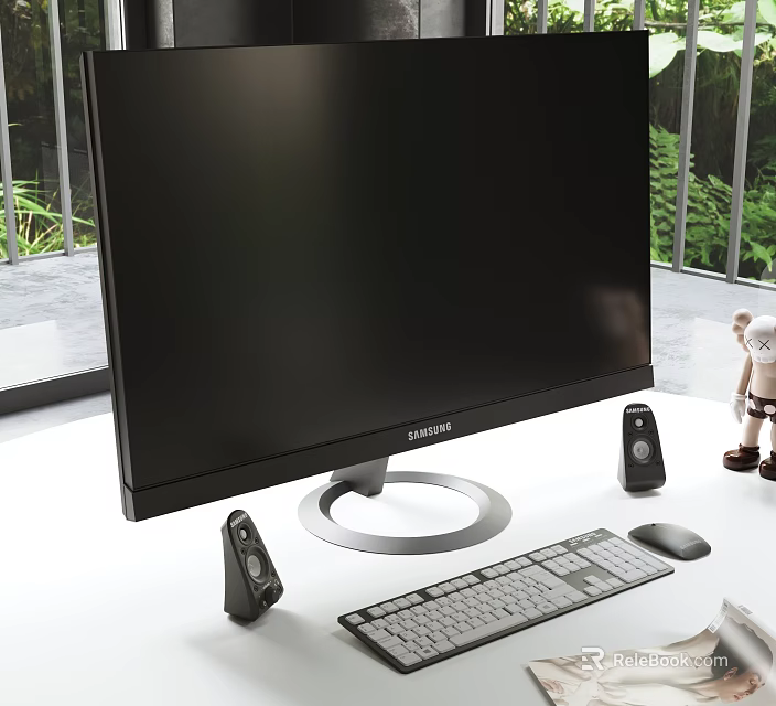 Samsung Monitor on Desktop with Black Screen Silver Base Keyboard Mouse Speakers and Small Figurine 3d model 