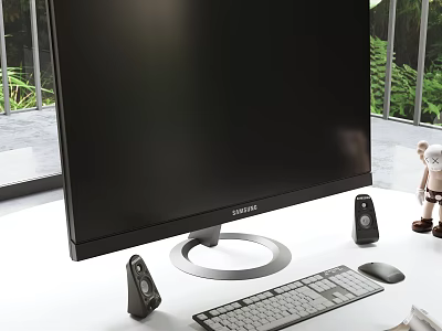 Samsung Monitor on Desktop with Black Screen Silver Base Keyboard Mouse Speakers and Small Figurine 3d model