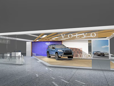 Modern Volvo Exhibition Booth Featuring Blue SUV Car Purple Backdrop And Displays 3d model