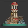 Detailed Tower Model With Red Dome Columns Store Banner Wooden Stairs And Blue Base