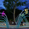 Nighttime Garden Landscape With Illuminated Curved Structures Trees And Circular Ground Lighting