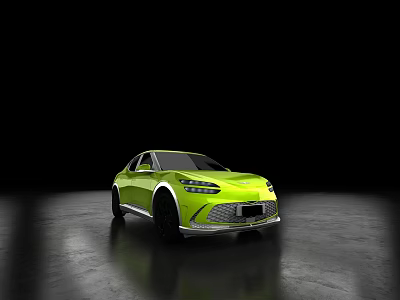 Bright Yellow Modern Car With Sleek Exterior On Shiny Floor And Dark Background 3d model