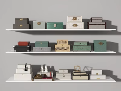 Various Colored Styled Storage Boxes On White Shelves For Home Decor 3d model