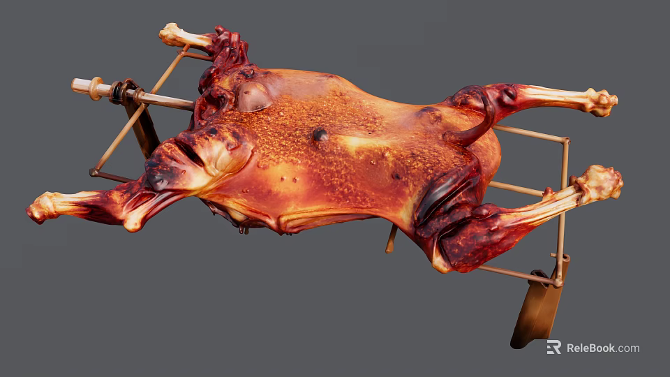 Whole Roasted Lamb On Rotisserie Rack With Golden Crispy Skin And Juicy Meat 3d model 