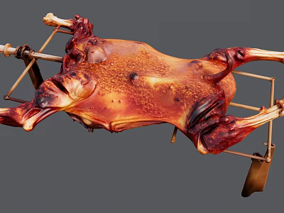 Whole Roasted Lamb On Rotisserie Rack With Golden Crispy Skin And Juicy Meat 3d model