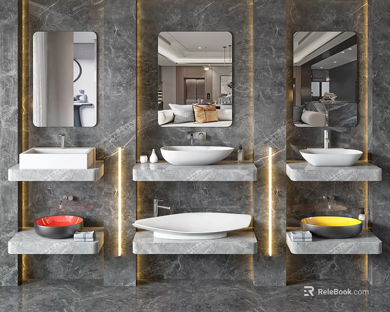 Modern Bathroom Vanity Design With Marble Wall Mirrors And Colorful Undermount Basins 3d model 