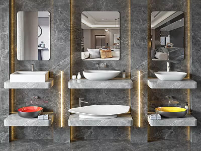 Modern Bathroom Vanity Design With Marble Wall Mirrors And Colorful Undermount Basins 3d model
