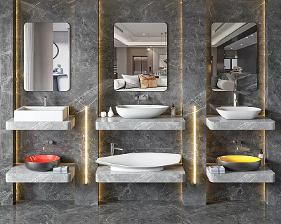 Modern Bathroom Vanity Design With Marble Wall Mirrors And Colorful Undermount Basins 3d model