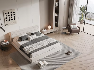 Double Bed With Gray White Bedding Floor Lamp Bedside Table And Wooden Floor 3d model
