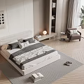 Double Bed With Gray White Bedding Floor Lamp Bedside Table And Wooden Floor