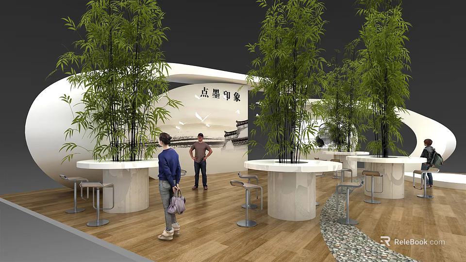 Modern Exhibition Booth With Bamboo Plants White Structure Round Counters And Wooden Flooring 3d model 