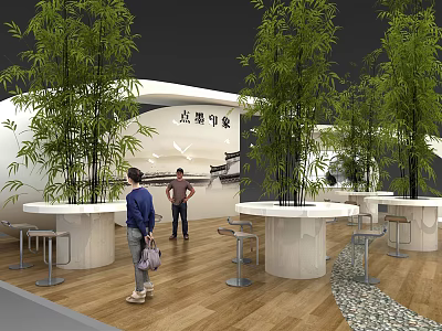 Modern Exhibition Booth With Bamboo Plants White Structure Round Counters And Wooden Flooring 3d model