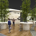 Modern Exhibition Booth With Bamboo Plants White Structure Round Counters And Wooden Flooring