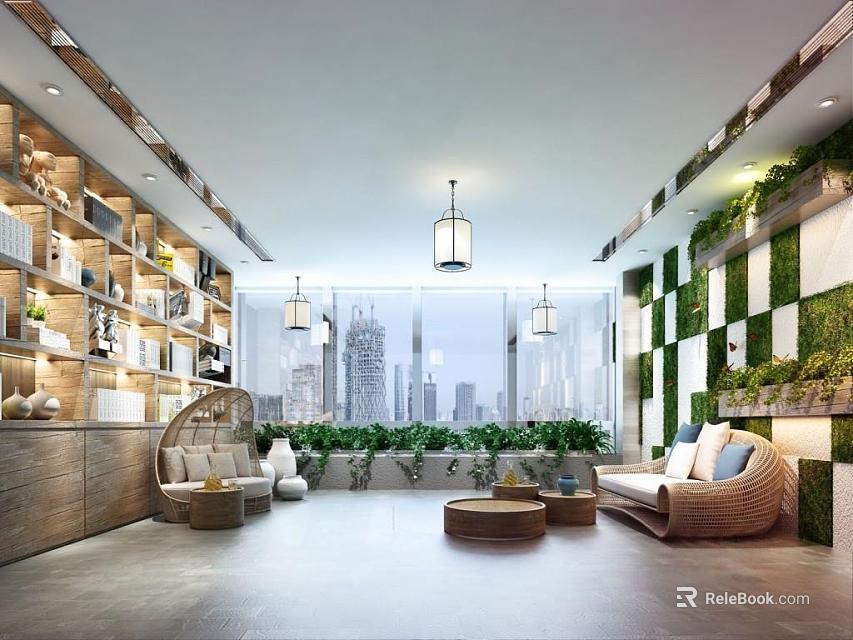 Leisure Area Interior With Cozy Sofa Wooden Shelves Vertical Garden And City View Windows 3d model 