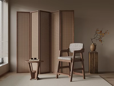 Natural Light Wooden Frame Leisure Chair with Woven Screen and Side Table in Beige Room 3d model