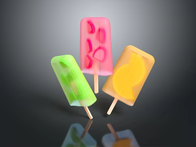 Colorful Fruit Flavored Popsicles With Fresh Fruit Pieces On Sticks 3d model