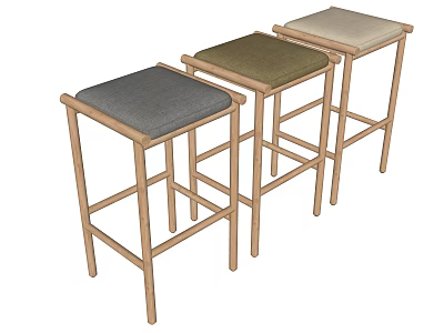 Set of Three Modern Bar Stools with Wooden Frame and Different Colored Cushions 3d model