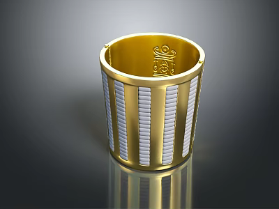 Golden Cylindrical Equipment Component With White Stripes And Top Logo Design 3d model
