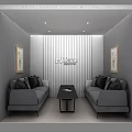 Modern Lounge Area With Grey Sofas Black Coffee Table Wall Paintings And Vertical Striped Backdrop 3d model