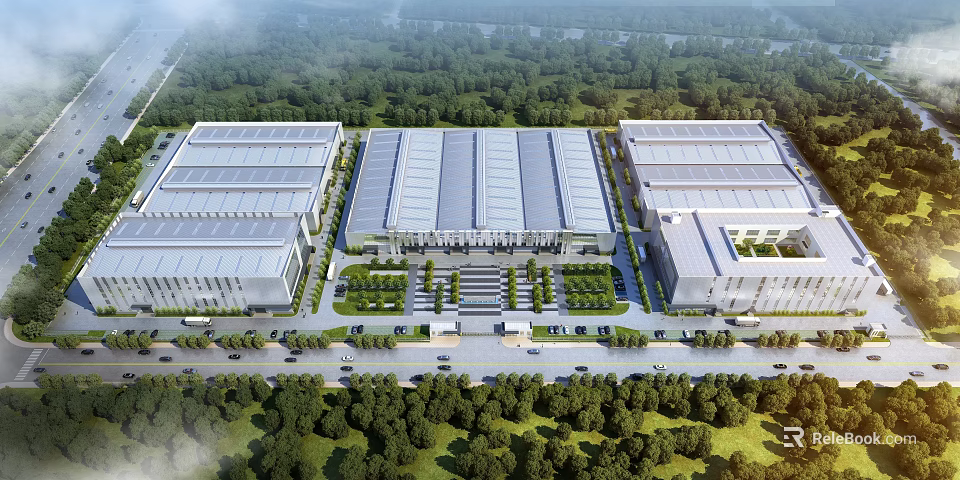 Aerial Planning of Modern Industrial Complex With Large Factory Buildings Neat Layout and Green Belts 3d model 