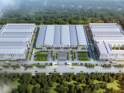 Aerial Planning of Modern Industrial Complex With Large Factory Buildings Neat Layout and Green Belts 3d model