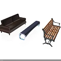 Brown Leather Sofa Blue Ottoman And Wooden Bench With Metal Frame