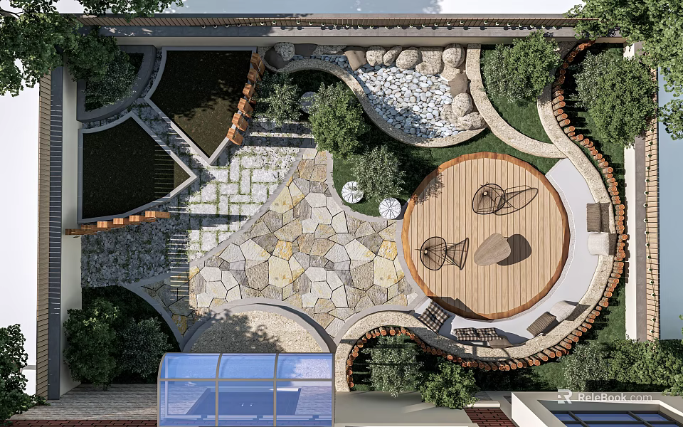 Garden Courtyard Design With Circular Wooden Patio Irregular Stone Paving And Greenery Surroundings 3d model 