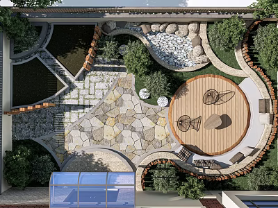 Garden Courtyard Design With Circular Wooden Patio Irregular Stone Paving And Greenery Surroundings 3d model