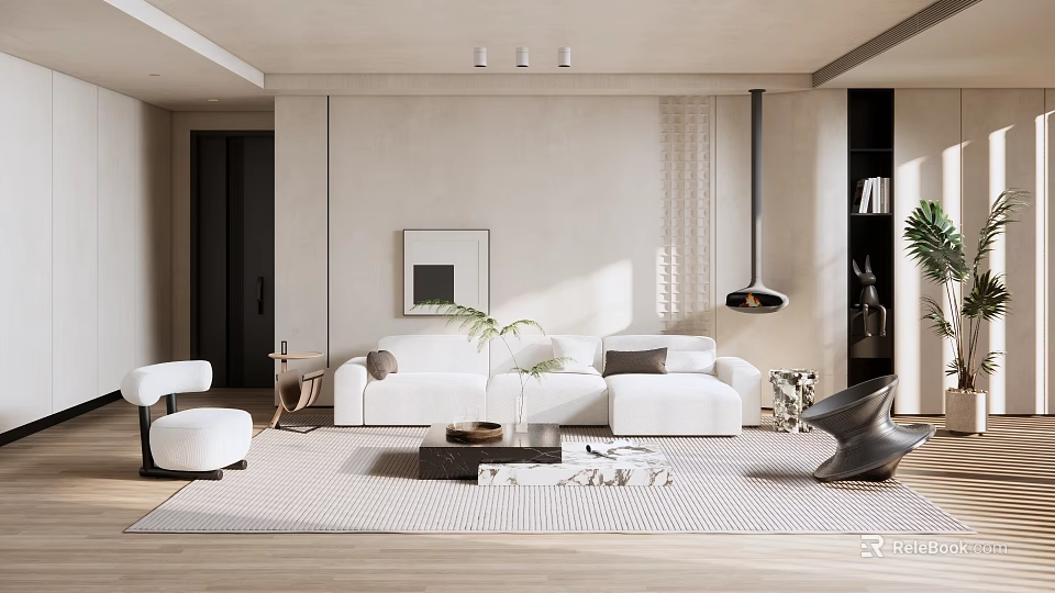 Modern Living Room Interior Design With White Sofa Rug Coffee Table And Decorative Painting 3d model 