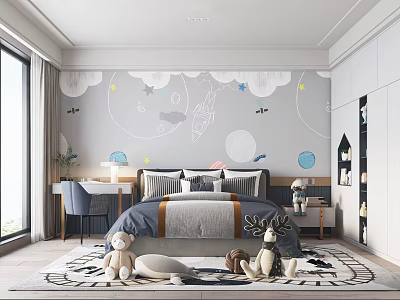 Playful Kids Room Interior With Moon Stars Airplane Wall Decor Stuffed Toys And Rug 3d model