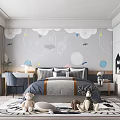 Playful Kids Room Interior With Moon Stars Airplane Wall Decor Stuffed Toys And Rug