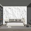Modern Bedroom Interior Design With Marble Textured Wall White Bed And Black Chair