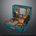 Open Blue Suitcase With Miniature Room Interior Featuring Bed Mirror And Small Furniture