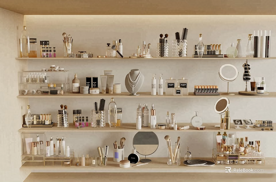Elegant Perfumes and Cosmetics Display on Shelves with Various Beauty Products 3d model 