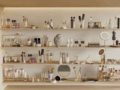 Elegant Perfumes and Cosmetics Display on Shelves with Various Beauty Products 3d model