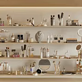 Elegant Perfumes and Cosmetics Display on Shelves with Various Beauty Products