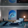 Modern Leisure Area Interior With Blue Sofa Round Coffee Table and Unicorn Art Decor
