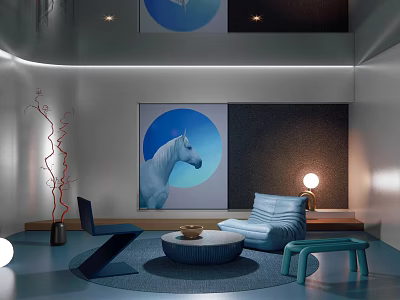 Modern Leisure Area Interior With Blue Sofa Round Coffee Table and Unicorn Art Decor 3d model