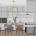 Modern Kitchen Interior With Island Counter Pendant Lights Pink Gray Chairs And Hexagonal Tile Backsplash